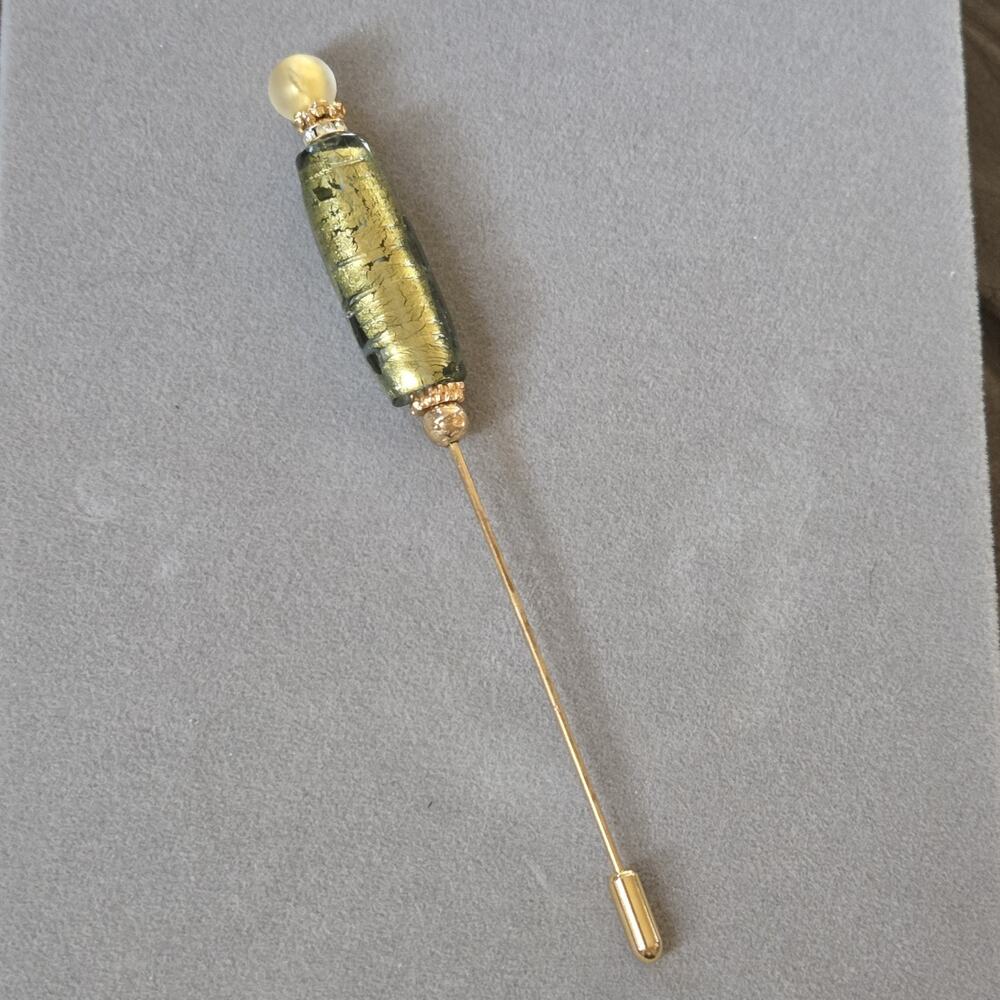 Murano Hand Made Murano Italy Green & Yellow Glass Rhinestones Hat Stick Pin